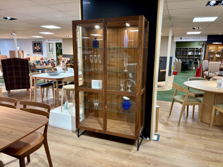 - Glass Display Cabinet with Black Metal Legs (SM452NO) in Oiled Walnut