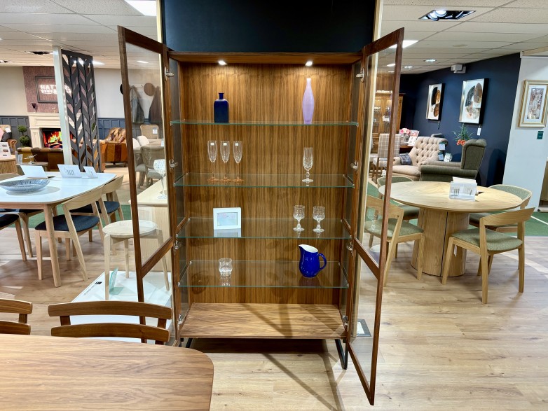 - Glass Display Cabinet with Black Metal Legs (SM452NO) in Oiled Walnut